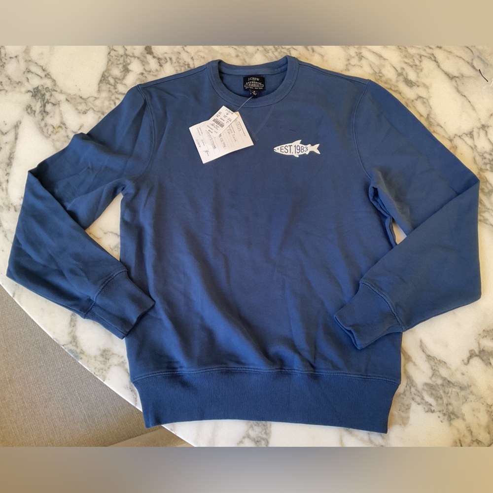 NWT J. Crew men’s blue crew neck 1983 Shark sweatshirt Sz S - Sliced above logo - Picture 2 of 6